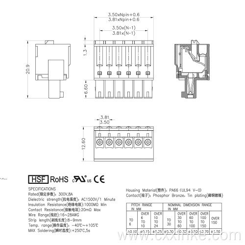 3.81MM spacing spring type push-type plug-in terminal block